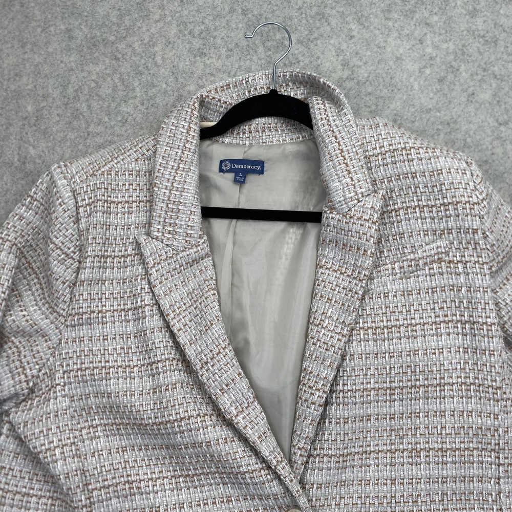Democracy Womens Large Tweed Blazer Jacket Neutral One Button Roll Tab B3995JF8E
